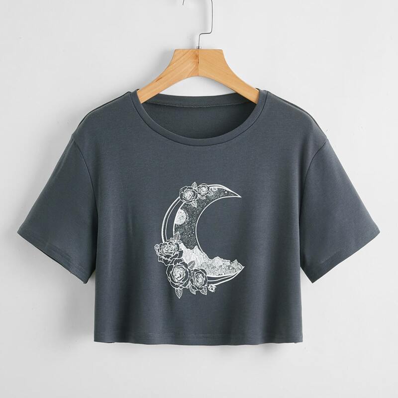 

Moon & Floral Graphic Crop Tee, Dark grey