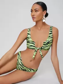 SHEIN Zebra Striped Knot Bikini For Summer Beach Vocation - Green - View 1
