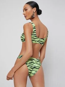 SHEIN Zebra Striped Knot Bikini For Summer Beach Vocation - Green - View 2