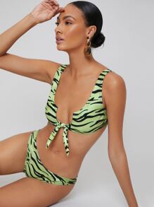 SHEIN Zebra Striped Knot Bikini For Summer Beach Vocation - Green - View 3