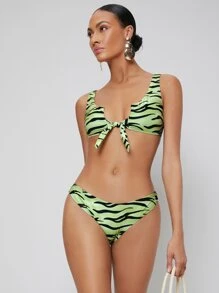 SHEIN Zebra Striped Knot Bikini For Summer Beach Vocation - Green - View 4