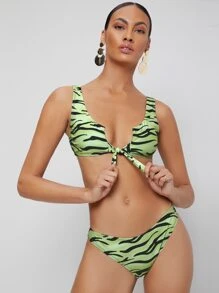 SHEIN Zebra Striped Knot Bikini For Summer Beach Vocation - Green - View 5