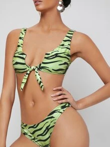 SHEIN Zebra Striped Knot Bikini For Summer Beach Vocation - Green - View 7