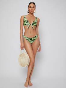 SHEIN Zebra Striped Knot Bikini For Summer Beach Vocation - Green - View 8
