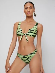 SHEIN Zebra Striped Knot Bikini For Summer Beach Vocation - Green - View 9