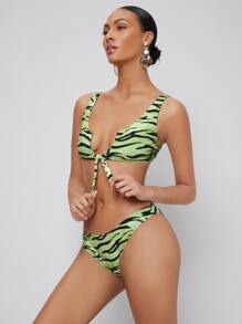 SHEIN Zebra Striped Knot Bikini For Summer Beach Vocation - Green - View 10