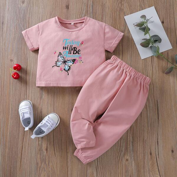 

Baby Girl Butterfly & Slogan Graphic Tee & Sweatpants, Pink