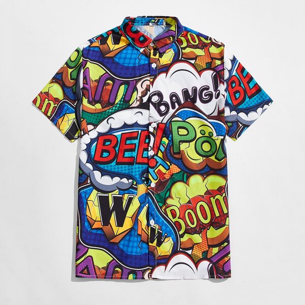 

Men Letter Graphic Button Through Shirt, Multicolor