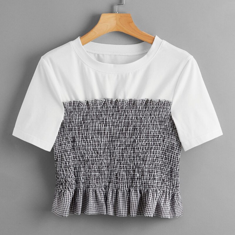 

Contrast Gingham Shirred Tee, Black and white