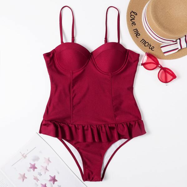 

Ruffle Trim Push Up One Piece Swimsuit, Burgundy