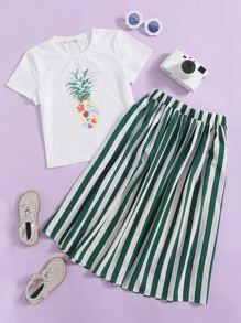 SHEIN 女孩鳳梨和印花上衣和雙色條紋半身裙套裝 - 彩色 - 查看 1