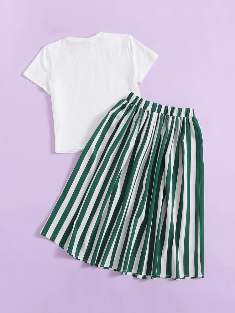 SHEIN Girls Pineapple and Floral Print Top & Two Tone Striped Skirt Set - Multicolor - View 2