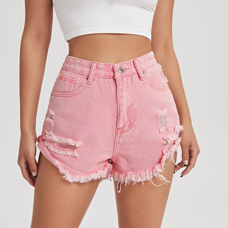 

Solid Raw Hem Denim Shorts, Pink