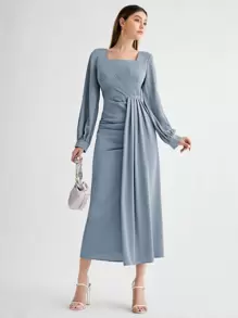 SHEIN Unity Đầm Xù Chia màu trơn Thanh lịch - Màu xanh bụi bặm - Xem 1