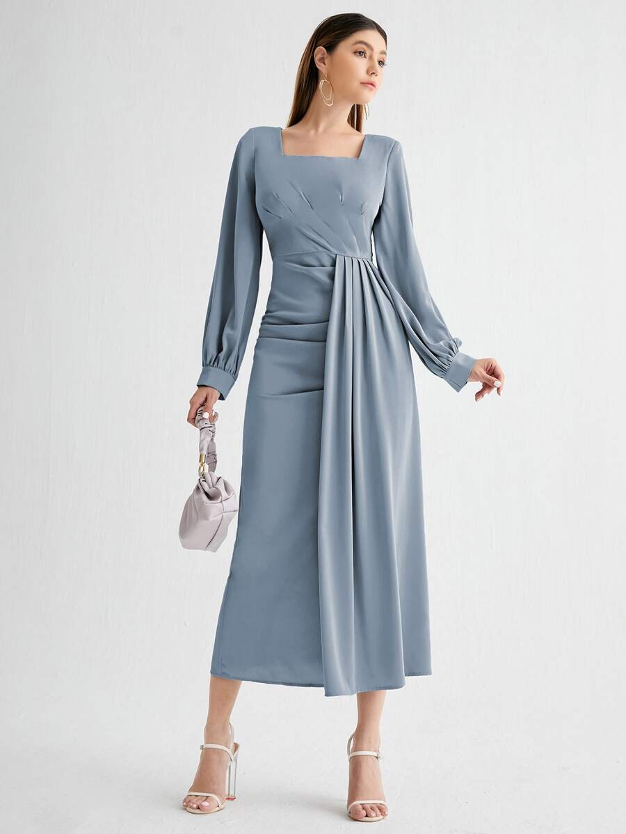 SHEIN Unity Đầm Xù Chia màu trơn Thanh lịch - Màu xanh bụi bặm - Xem 1