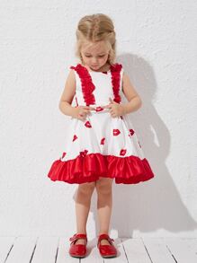 Toddler Girls Lip Print Ruffle Trim Tie Back Party Dress - Red and White - View 1