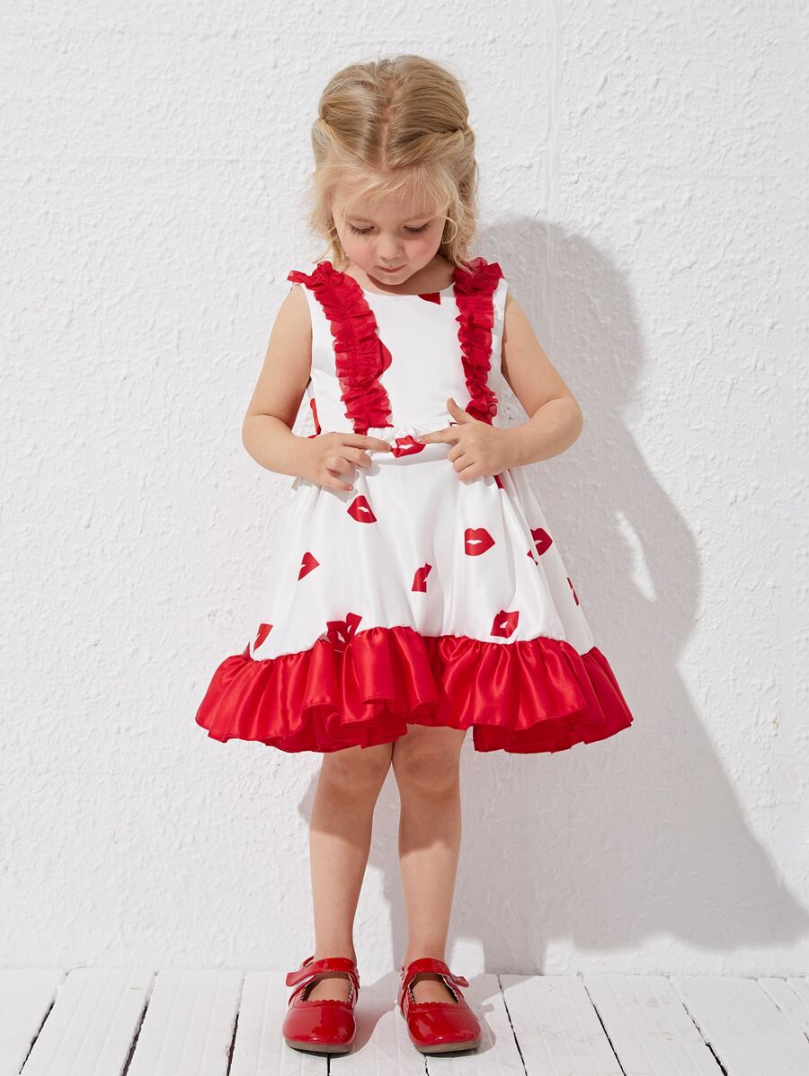 Toddler Girls Lip Print Ruffle Trim Tie Back Party Dress - Red and White - View 1