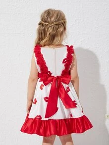 Toddler Girls Lip Print Ruffle Trim Tie Back Party Dress - Red and White - View 2
