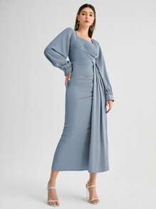 SHEIN Unity Đầm Xù Chia màu trơn Thanh lịch - Màu xanh bụi bặm - Xem 4