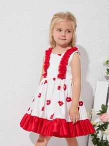 Toddler Girls Lip Print Ruffle Trim Tie Back Party Dress - Red and White - View 3