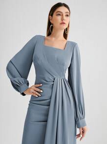 SHEIN Unity Đầm Xù Chia màu trơn Thanh lịch - Màu xanh bụi bặm - Xem 5