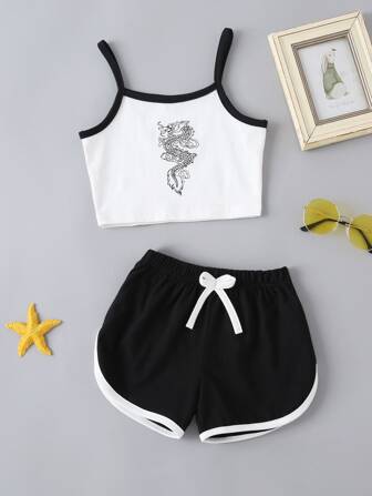 شورت مع لباس علوي كامي بجرافيك تنين صيني للبنات الصغار
