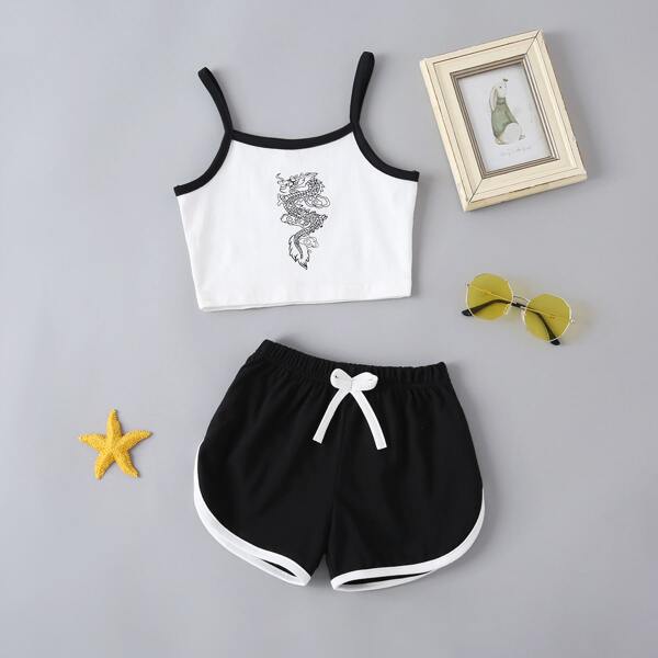 

Toddler Girls Chinese Dragon Graphic Cami Top With Shorts, Black and white