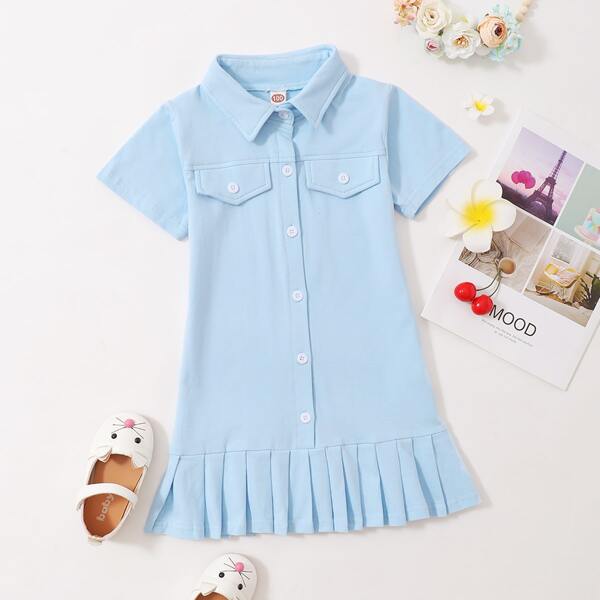 

Toddler Girls Pleated Hem Flap Detail Dress, Blue