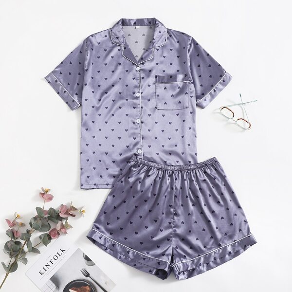 

Plus Heart Print Satin PJ Set, Purple