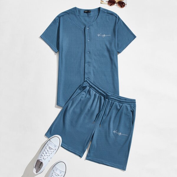 

Men Letter Embroidery Top & Shorts PJ Set, Blue