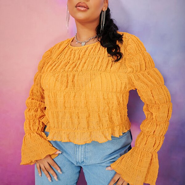 

Plus Solid Flounce Sleeve Lettuce Trim Top, Orange
