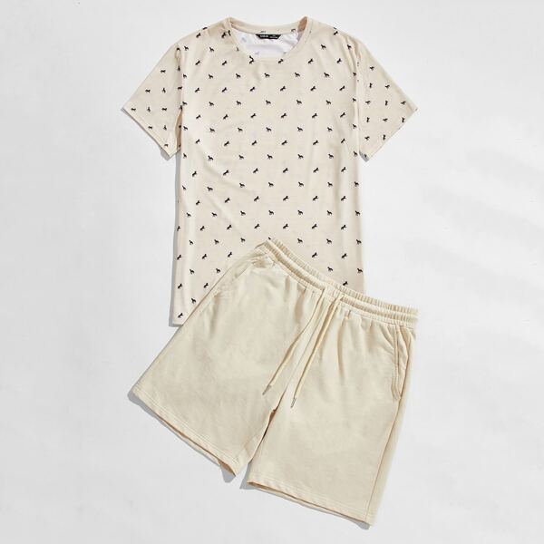 

Men Allover Print Tee & Drawstring Track Shorts PJ Set, Khaki