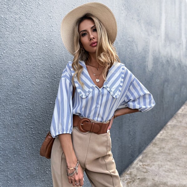 

Drop Shoulder Doll Collar Striped Blouse, Blue and white