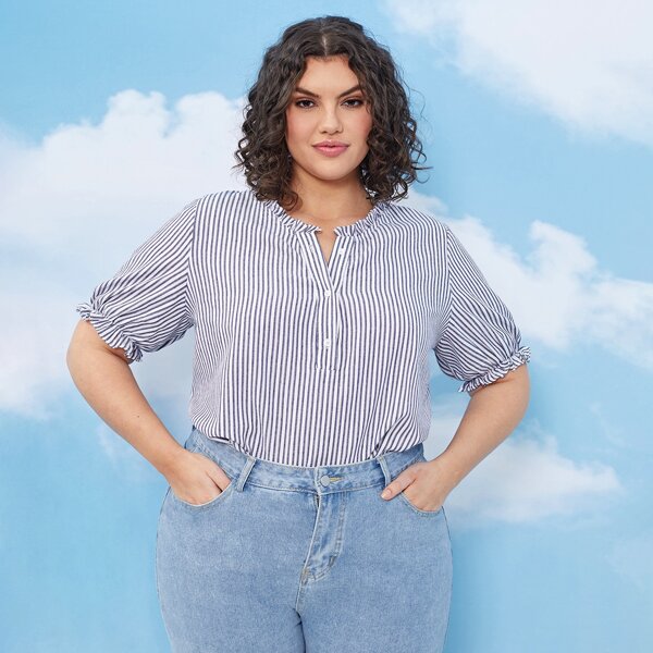 

Plus Striped Flounce Sleeve Notched Neck Top, Blue and white