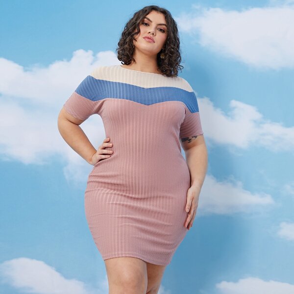

Plus Chevron Print Rib-knit Fitted Dress, Multicolor