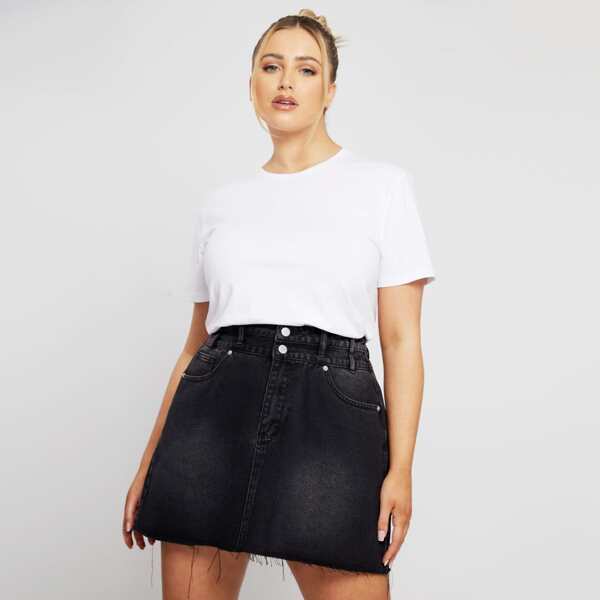 

Plus Raw Hem Slant Pocket Denim Skirt, Black