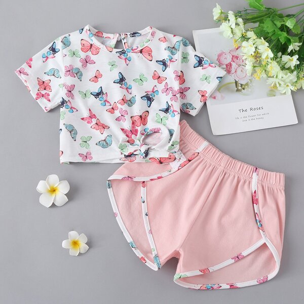 

Baby Girl Butterfly Print Tee & Contrast Binding Track Shorts, Multicolor