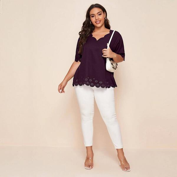 

Plus Laser Cut Scallop Trim Blouse, Purple