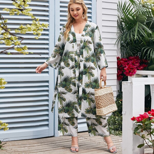 

Plus Open Front Tropical Print Kimono & Pants Set, Multicolor