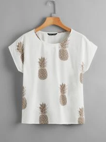 SHEIN LUNE 蝙蝠袖鳳梨圖案上衣 - 白色 - 查看 1