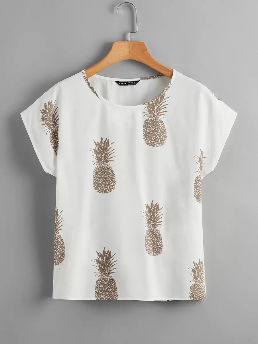 SHEIN LUNE 蝙蝠袖鳳梨圖案上衣 - 白色 - 查看 1