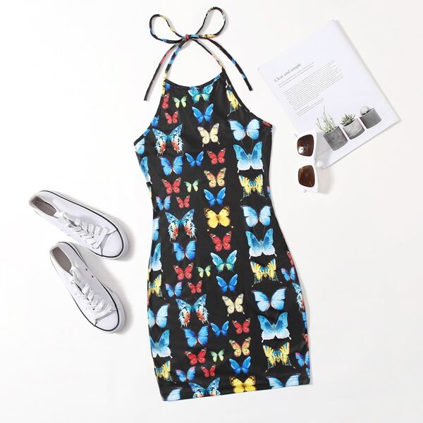 

Self Tie Allover Butterfly Bodycon Dress, Multicolor