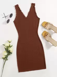 SHEIN Privé 小褶邊羅紋針織包臀連衣裙 - 鏽棕色 - 查看 1