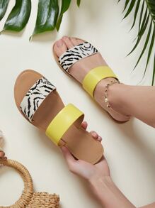 Zebra Print Twin Band Flat Slide Sandals