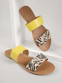 Zebra Print Twin Band Flat Slide Sandals