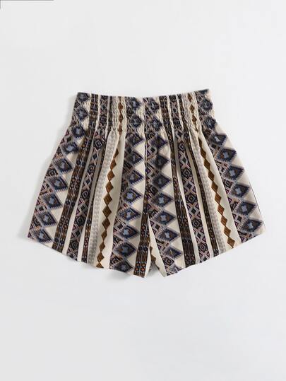SHEIN シャーリングウエスト 幾何学模様プリントパネル ショートパンツ