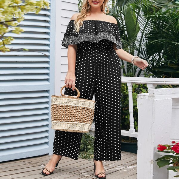 

Plus Flounce Off Shoulder Polka Dot Palazzo Jumpsuit, Black