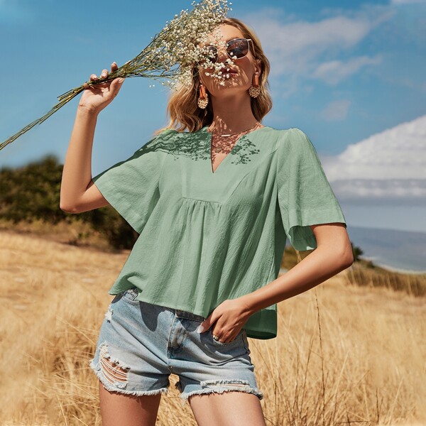 

Solid Notch Neck Babydoll Blouse, Mint green