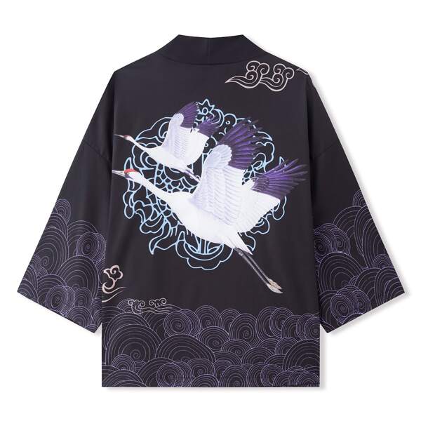 

Men Crane And Wave Print Kimono, Black