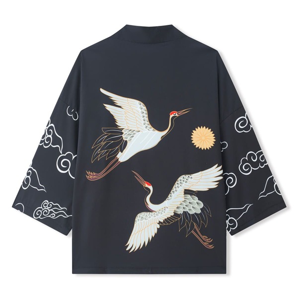 

Men Crane Print Open Front Kimono, Black